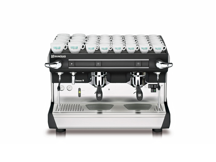 This image is a front view of the Rancilio Classe 9 S espresso machine in 2 groups at traditional height with semi-automatic dosing controls.
