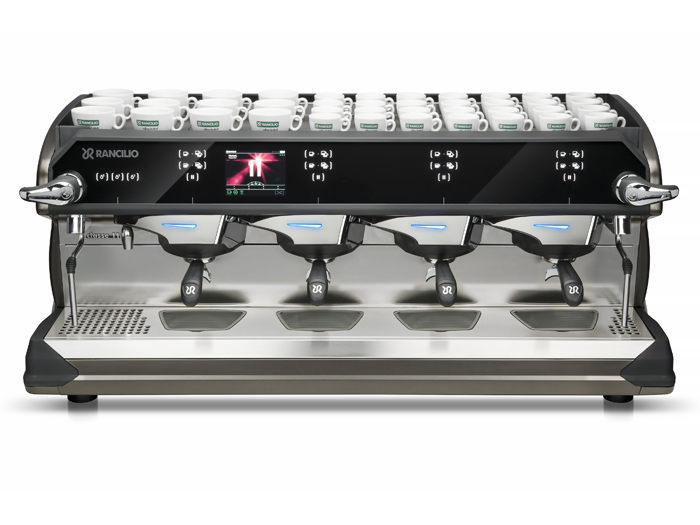 This image is a front-side view of the Rancilio Classe 11 USB espresso machine in Frozen Bronze with 4 groups at traditional height and volumetric dosing controls.