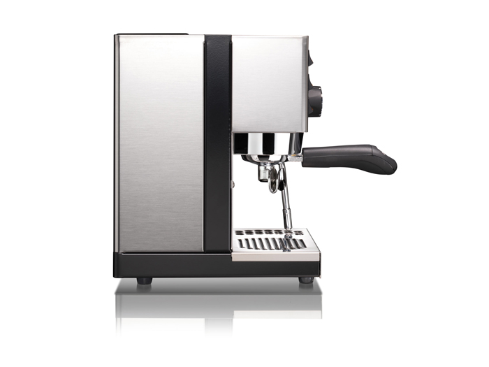 This image is a side view of the Rancilio Sylvia home espresso machine, 1 group at traditional height, with semi-automatic dosing controls.