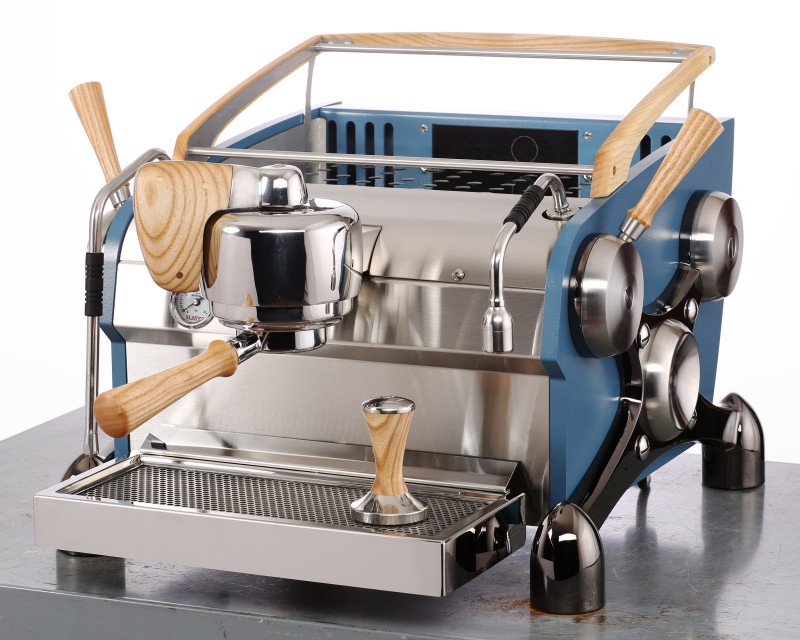 Slayer Espresso 1 Group, Body Powder Coated Blue, X-Legs Plated Black Nickel, Ash Wood Accents