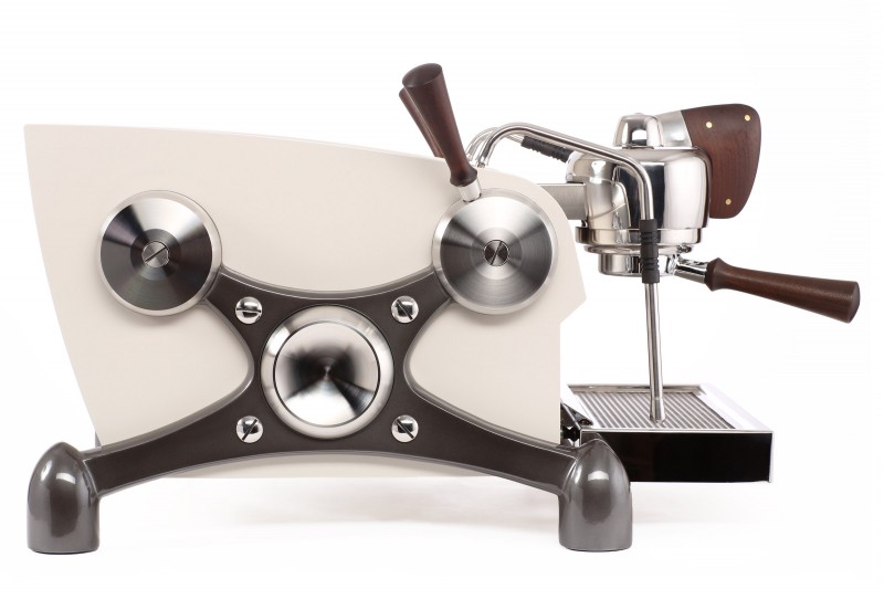 Slayer Espresso 1 Group, Body Powder Coated White, X-Legs Powder Coated Charcoal, Accents in Peruvian Walnut