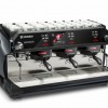 This image is a front-side view of the Rancilio Classe 11 Xcelsius in midnight blue, 3 groups at traditional height and volumetric dosing controls.